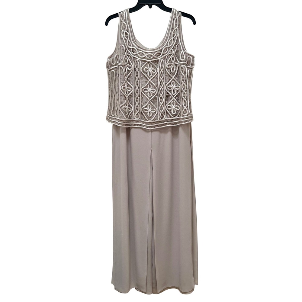 Patra Vintage Formal Jumpsuit 90s Taupe Beige Soutache Embroidered Wide Leg USA